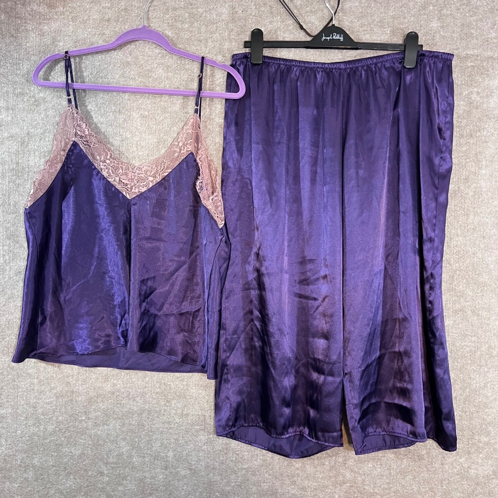 Linea Donatella Pajama Set Womens XL Purple Satin Lace Trim Cami and Pants